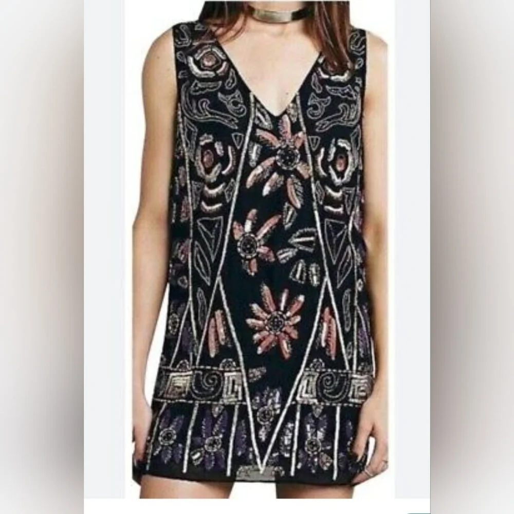 Free People Embroidered Black and Gold Floral Women's Dress Size XS Beaded Mini - Picture 2 of 9
